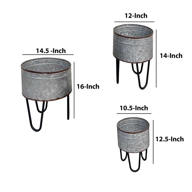 Galvanized Sheet Planter Tubs- Iron Powder Coated Hairpin Legs- Set of 3- Gray