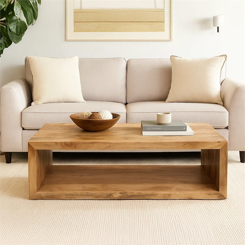 Keli 58 Inch Mango Wood Coffee Table- Open Cube- 1 Shelf- Natural Brown