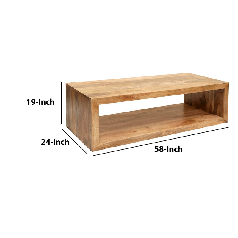 Keli 58 Inch Mango Wood Coffee Table- Open Cube- 1 Shelf- Natural Brown