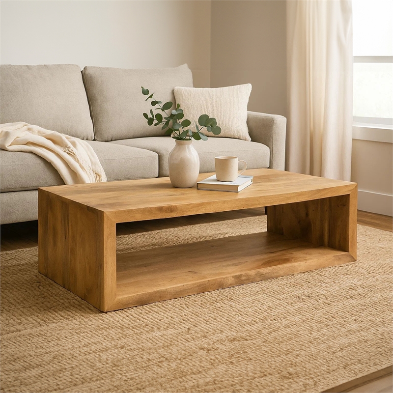 Keli 58 Inch Mango Wood Coffee Table- Open Cube- 1 Shelf- Natural Brown