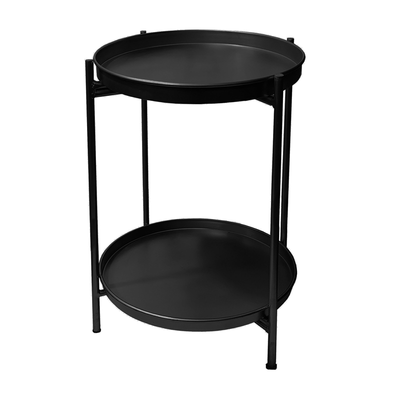 Vica 15 Inch Modern Side End Table- Metal Round Tray Top- Foldable Legs- Black