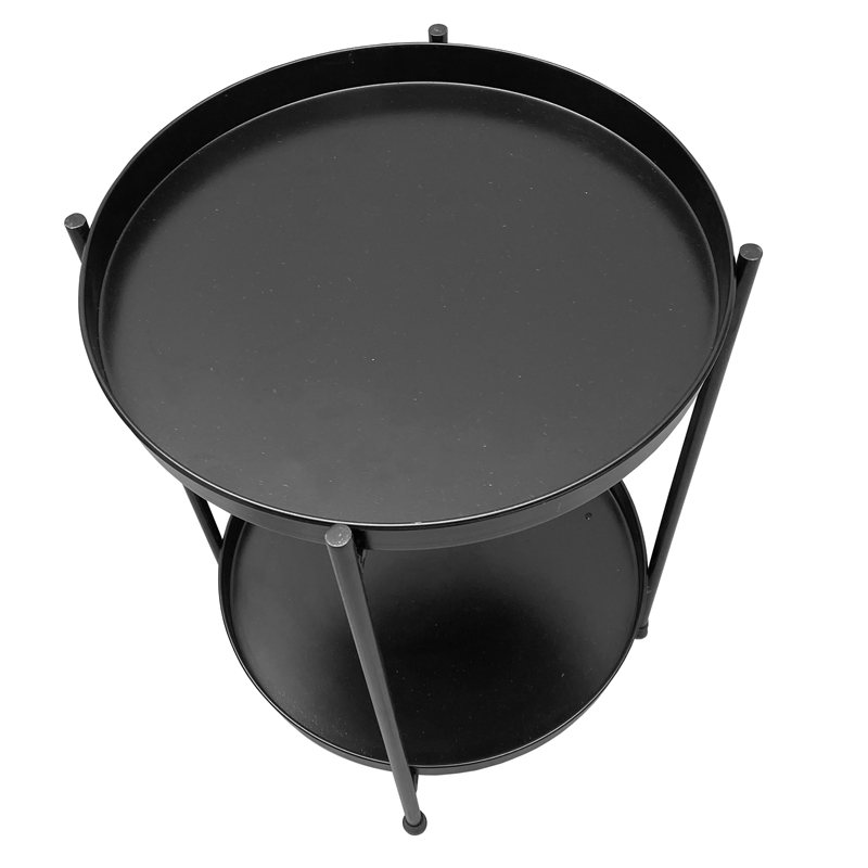 Vica 15 Inch Modern Side End Table- Metal Round Tray Top- Foldable Legs- Black