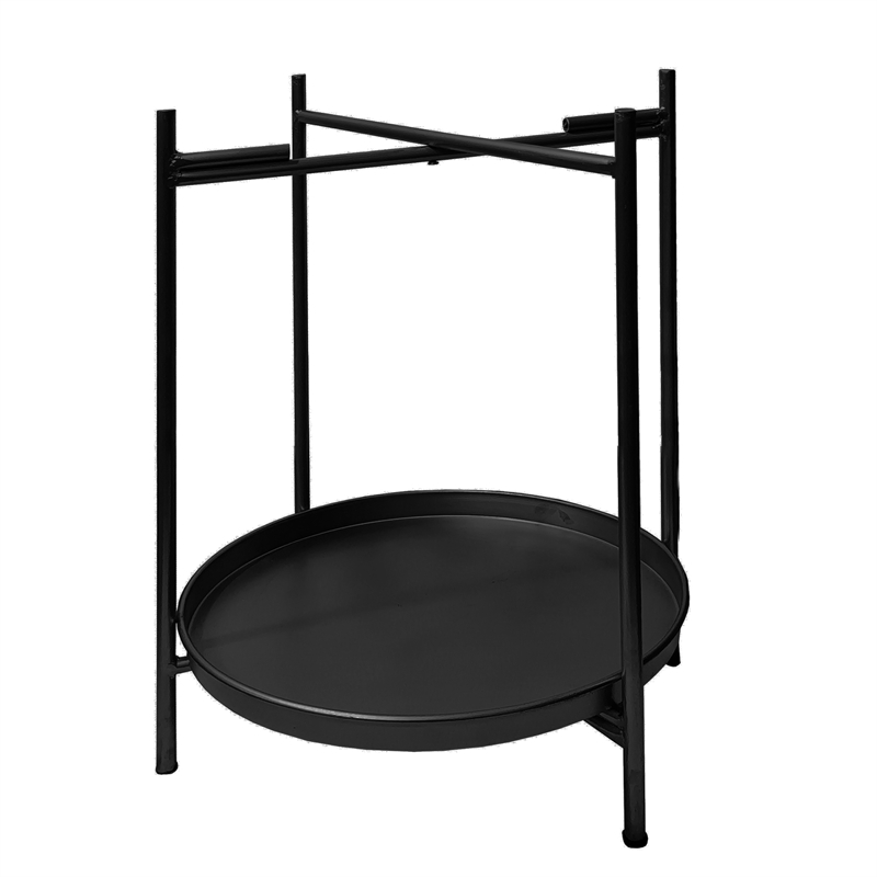 Vica 15 Inch Modern Side End Table- Metal Round Tray Top- Foldable Legs- Black