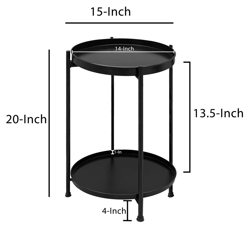 Vica 15 Inch Modern Side End Table- Metal Round Tray Top- Foldable Legs- Black