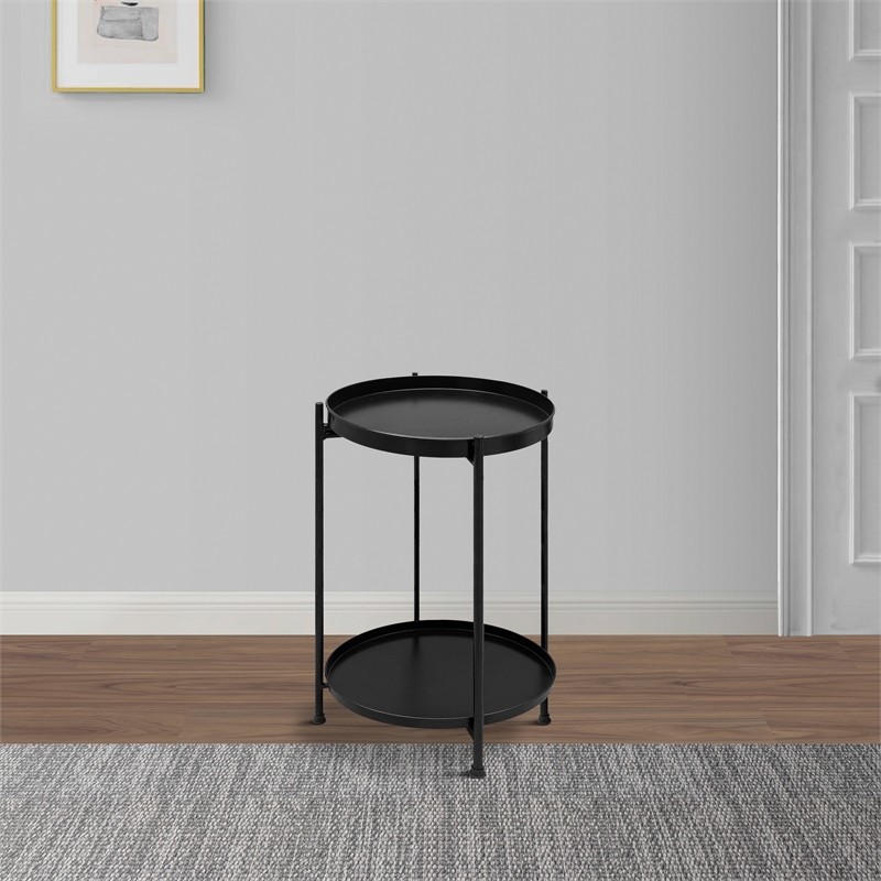 Vica 15 Inch Modern Side End Table- Metal Round Tray Top- Foldable Legs- Black