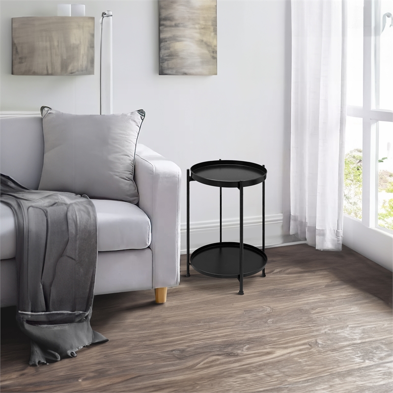 Vica 15 Inch Modern Side End Table- Metal Round Tray Top- Foldable Legs- Black