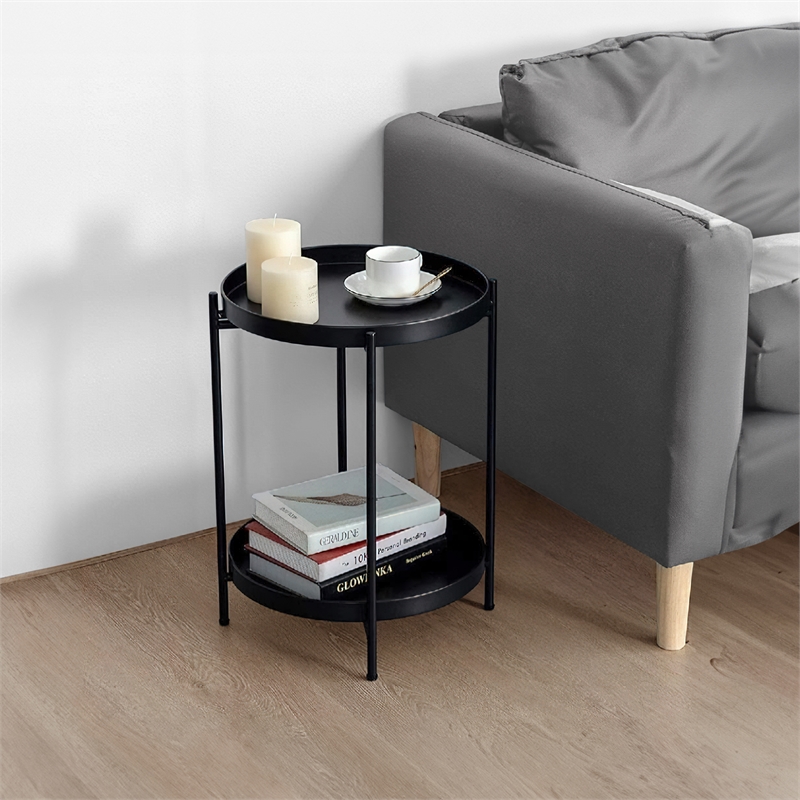 Vica 15 Inch Modern Side End Table- Metal Round Tray Top- Foldable Legs- Black