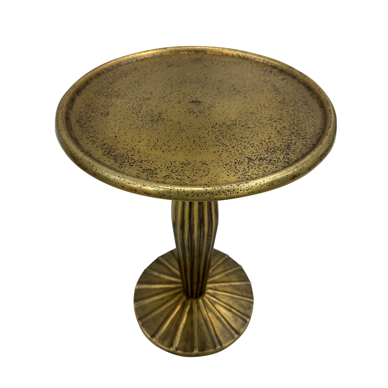 17 Inch Side End Drink Table- Fancy Fluted Base- Round Top- Antique Brass