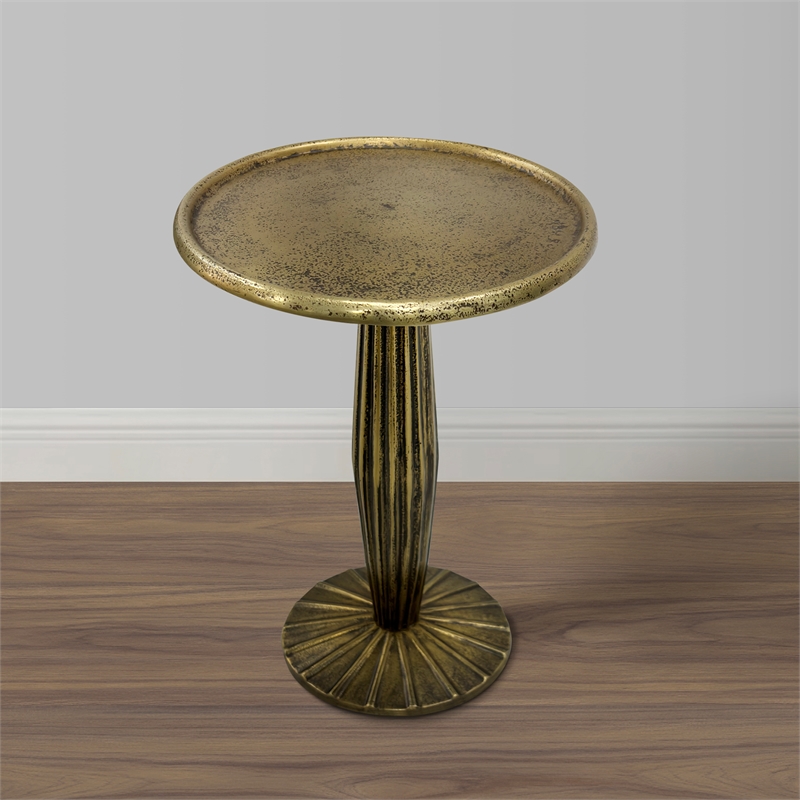 17 Inch Side End Drink Table- Fancy Fluted Base- Round Top- Antique Brass