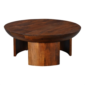 35 Inch Coffee Table- Handcrafted Round Mango Wood Top-Modern Curved Tripod Legs