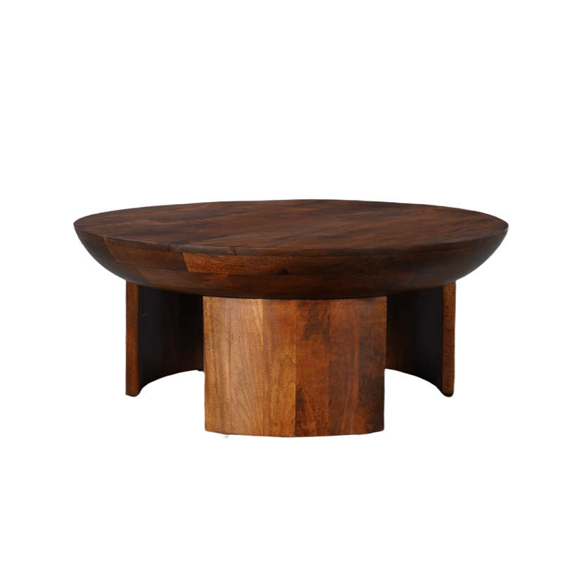 35 Inch Coffee Table- Handcrafted Round Mango Wood Top-Modern Curved Tripod Legs