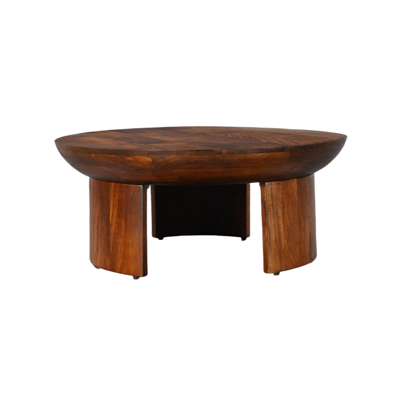35 Inch Coffee Table- Handcrafted Round Mango Wood Top-Modern Curved Tripod Legs