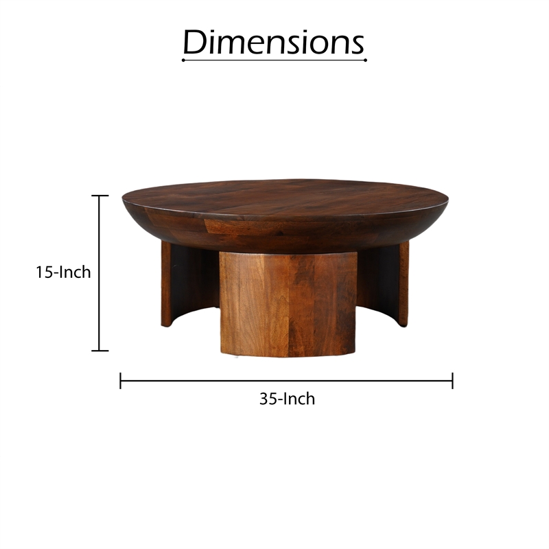 35 Inch Coffee Table- Handcrafted Round Mango Wood Top-Modern Curved Tripod Legs