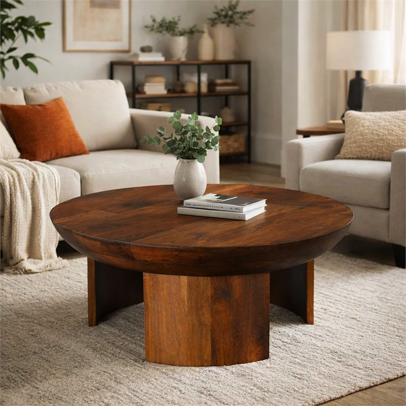 35 Inch Coffee Table- Handcrafted Round Mango Wood Top-Modern Curved Tripod Legs