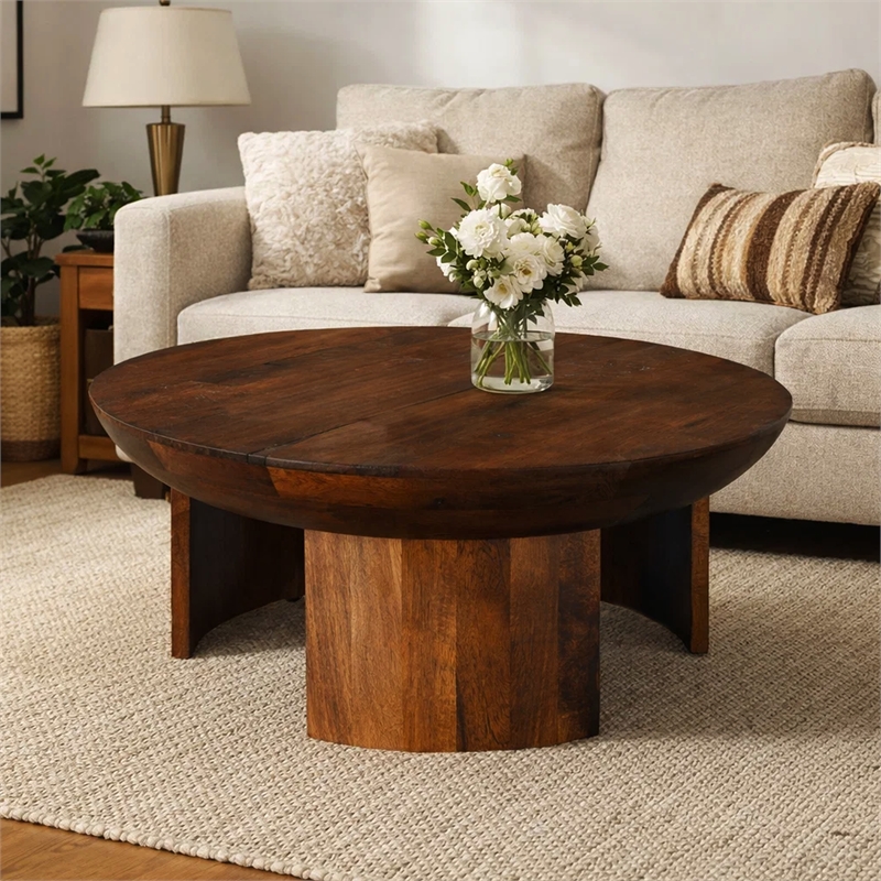 35 Inch Coffee Table- Handcrafted Round Mango Wood Top-Modern Curved Tripod Legs