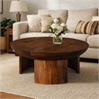 35 Inch Coffee Table- Handcrafted Round Mango Wood Top-Modern Curved Tripod Legs