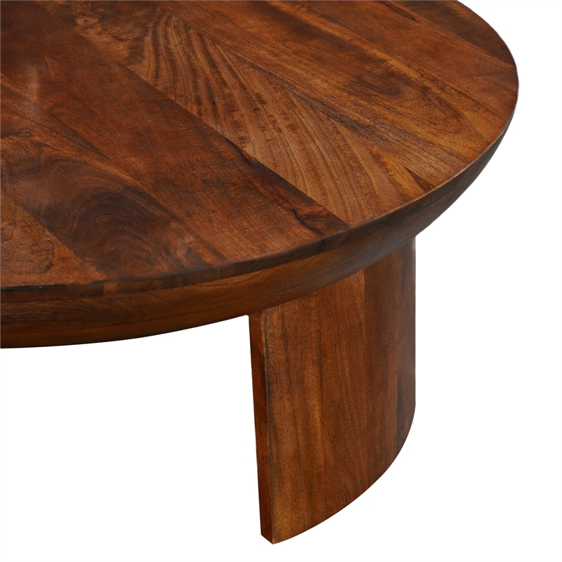 35 Inch Coffee Table- Handcrafted Round Mango Wood Top-Modern Curved Tripod Legs
