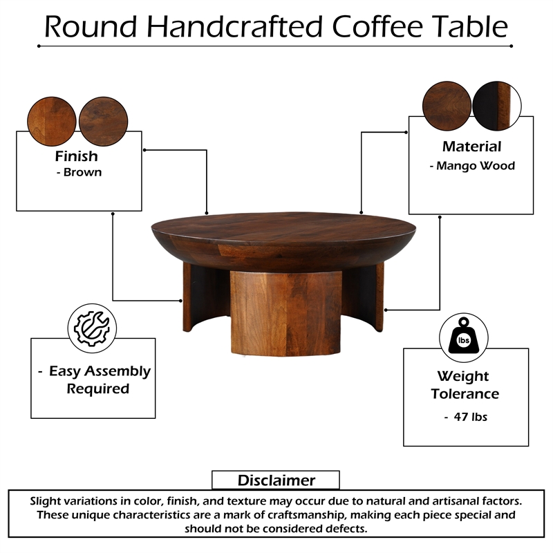 35 Inch Coffee Table- Handcrafted Round Mango Wood Top-Modern Curved Tripod Legs