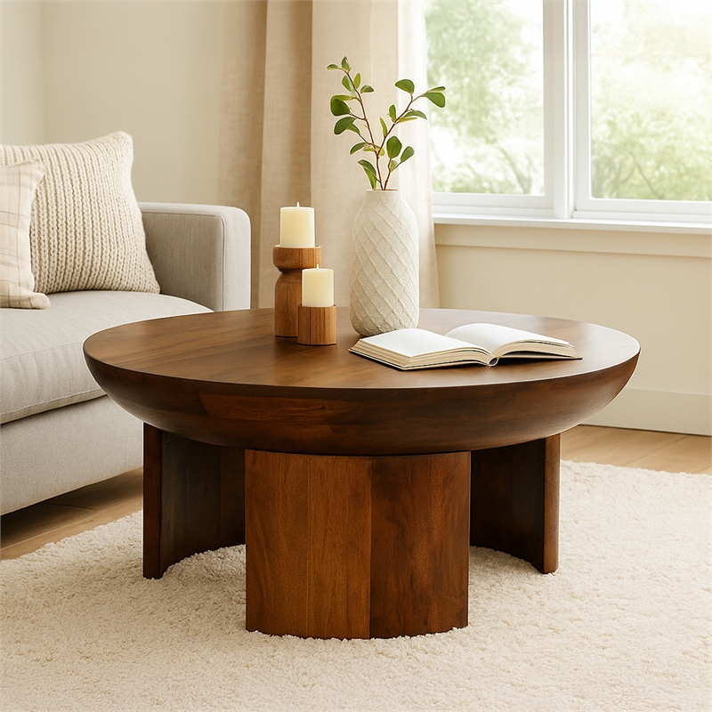 35 Inch Coffee Table- Handcrafted Round Mango Wood Top-Modern Curved Tripod Legs