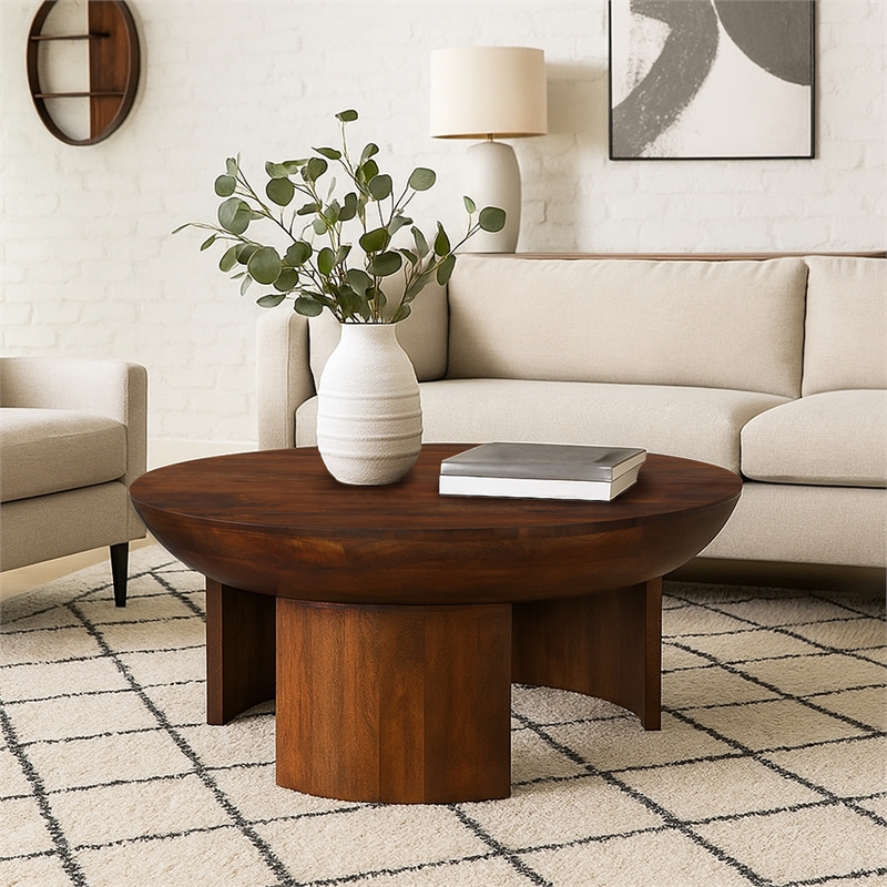 35 Inch Coffee Table- Handcrafted Round Mango Wood Top-Modern Curved Tripod Legs