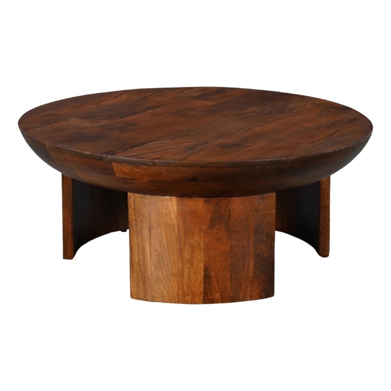 35 Inch Coffee Table- Handcrafted Round Mango Wood Top-Modern Curved Tripod Legs