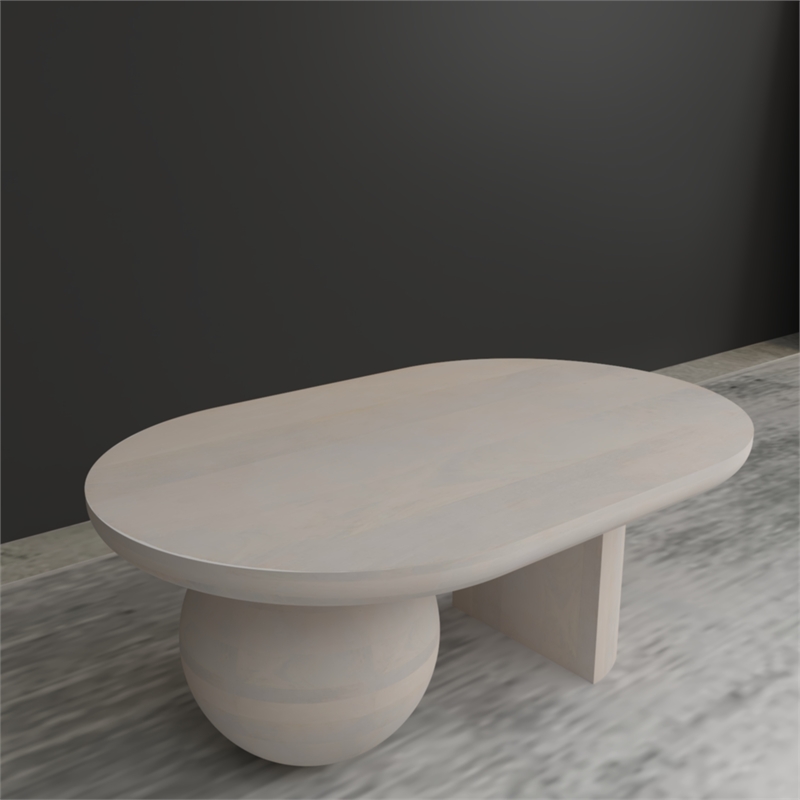 38 Inch Coffee Table- Oblong Mango Wood Top with a Modern Ball Leg- Washed White