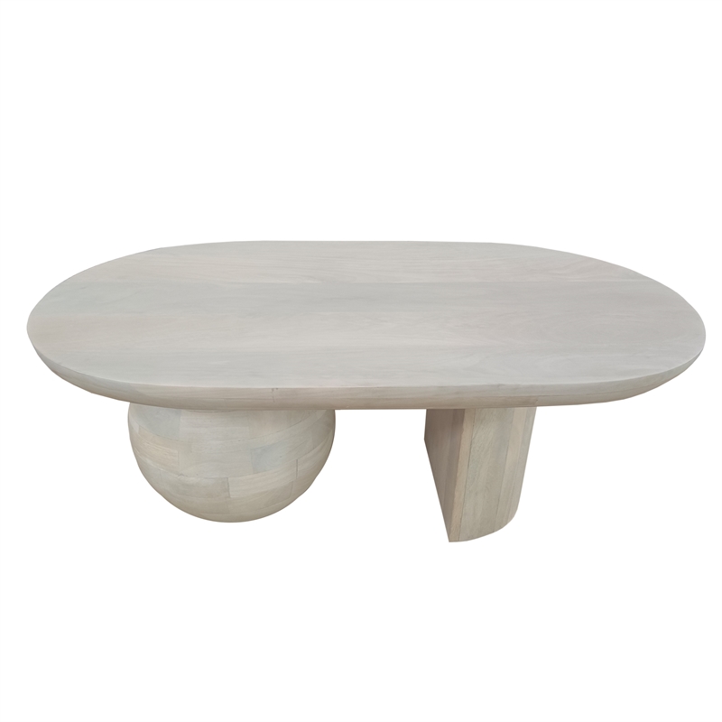 38 Inch Coffee Table- Oblong Mango Wood Top with a Modern Ball Leg- Washed White