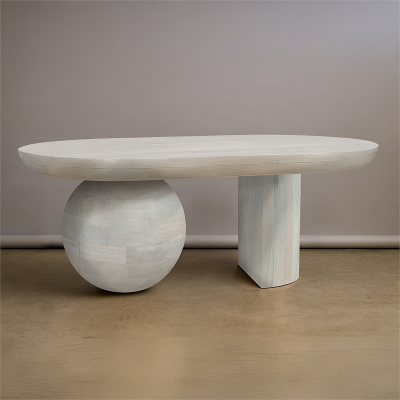38 Inch Coffee Table- Oblong Mango Wood Top with a Modern Ball Leg- Washed White