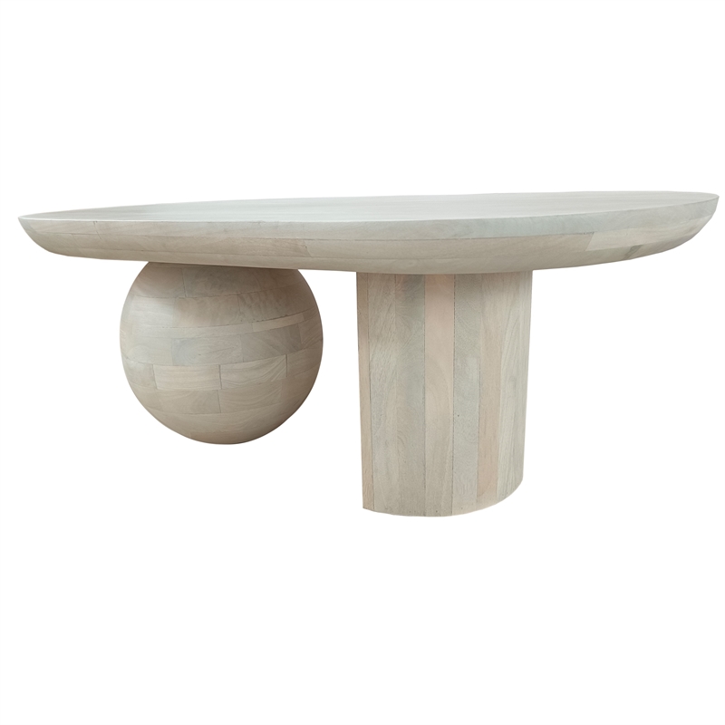 38 Inch Coffee Table- Oblong Mango Wood Top with a Modern Ball Leg- Washed White
