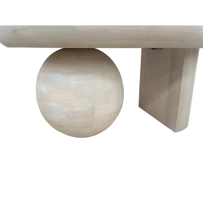 38 Inch Coffee Table- Oblong Mango Wood Top with a Modern Ball Leg- Washed White