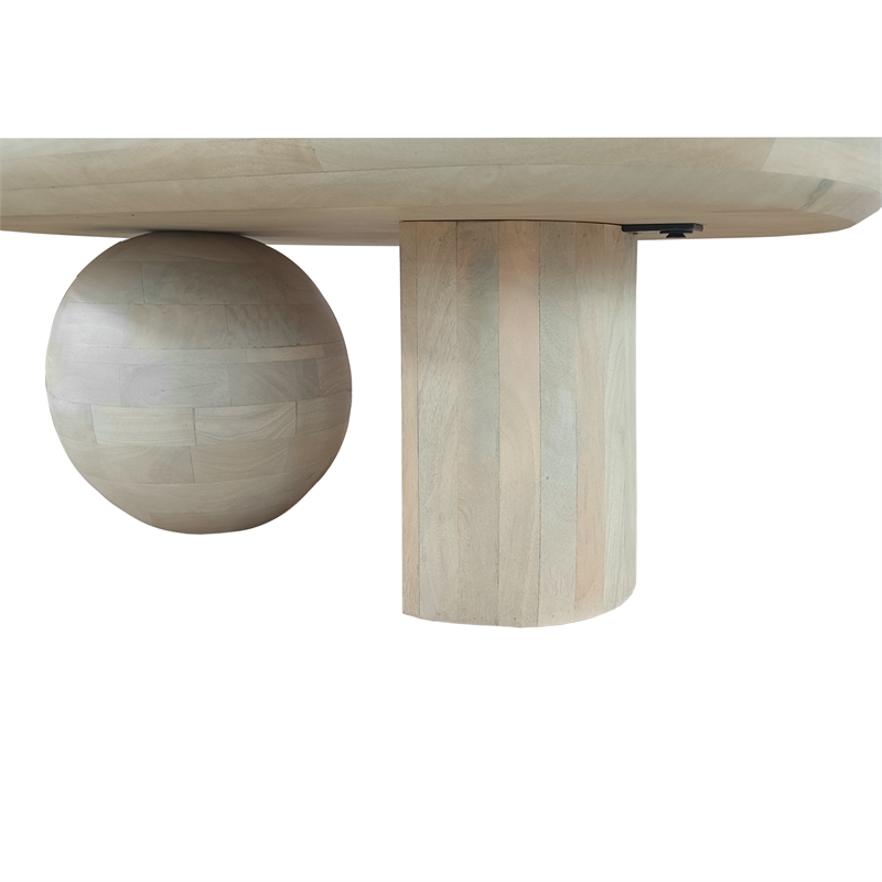 38 Inch Coffee Table- Oblong Mango Wood Top with a Modern Ball Leg- Washed White