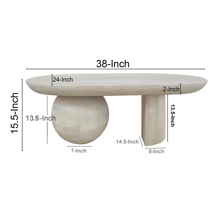 38 Inch Coffee Table- Oblong Mango Wood Top with a Modern Ball Leg- Washed White