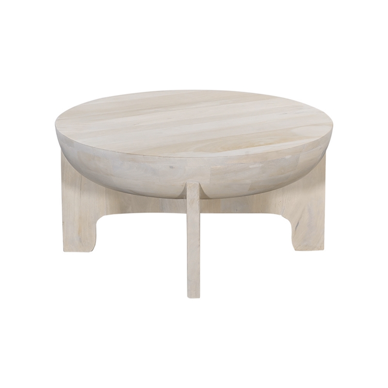 Tomas 32 Inch Coffee Table- Mango Wood Drum Top- Classic Washed White