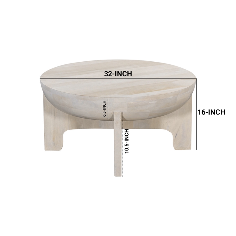 Tomas 32 Inch Coffee Table- Mango Wood Drum Top- Classic Washed White