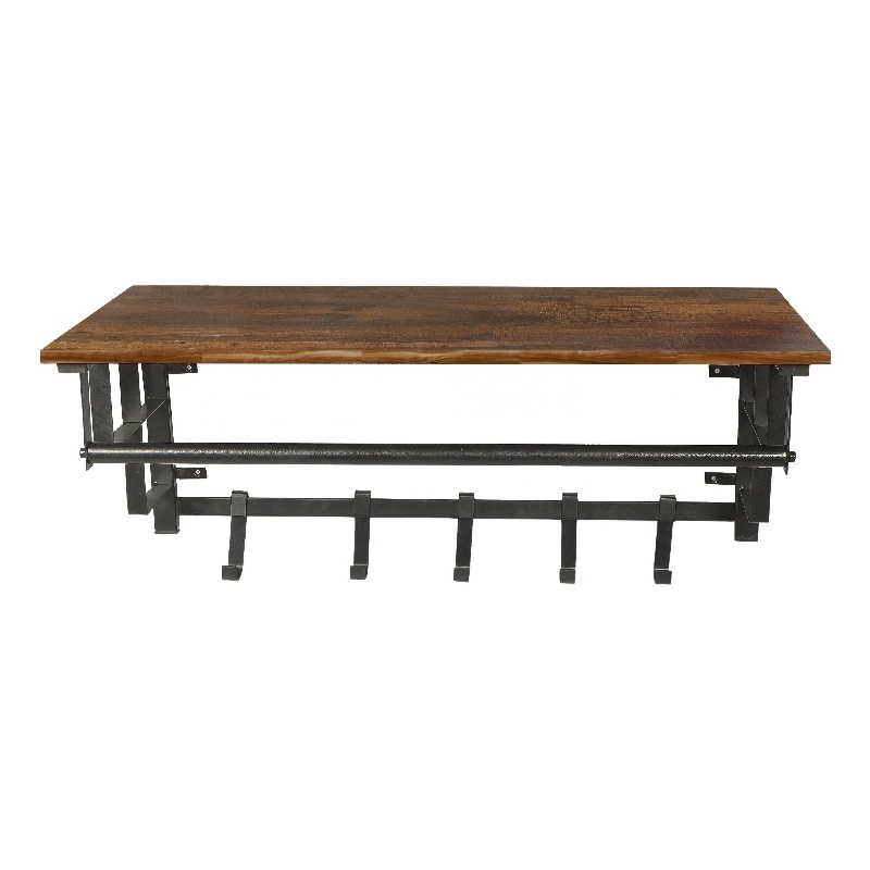 26 Inch Industrial Metal Frame Wall Mount Coat Rack- 5 Hooks- 1 Shelf- Brown