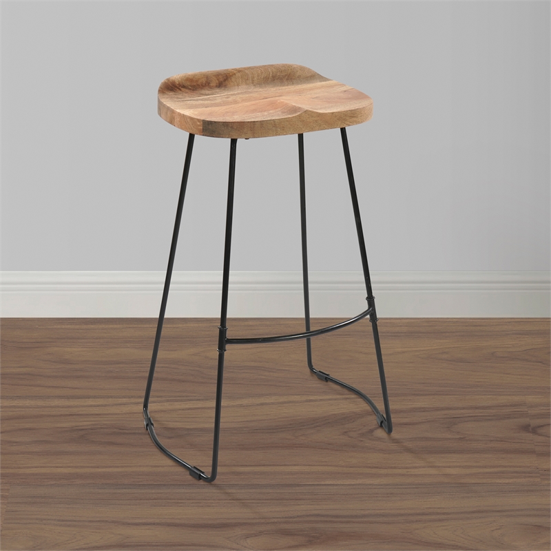Tiva 30 Inch Handcrafted Backless Barstool- Natural Brown Mango Wood Saddle Seat