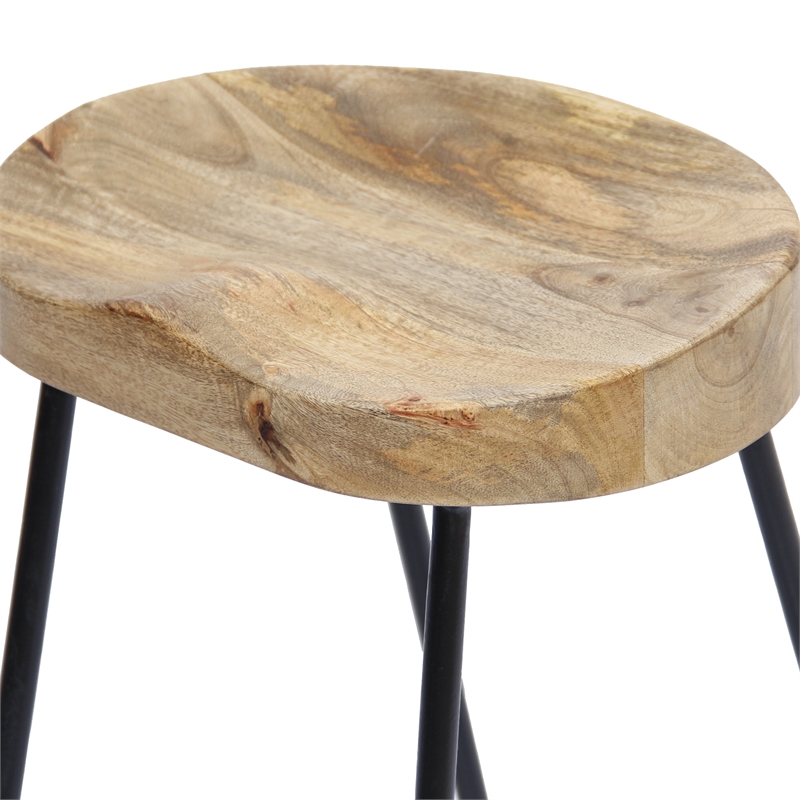 Ela 30 Inch Mango Wood Industrial Barstool- Saddle Seat- Iron Frame- Set of 2