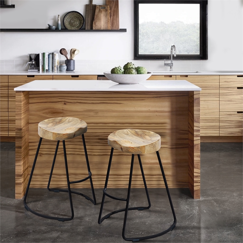 Ela 30 Inch Mango Wood Industrial Barstool- Saddle Seat- Iron Frame- Set of 2