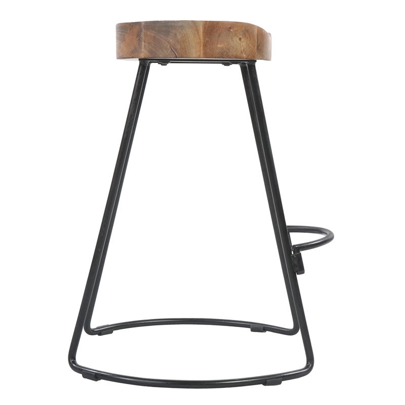 24 Inch Handcrafted Backless Barstool-Brown Mango Wood Thick SaddleSeat