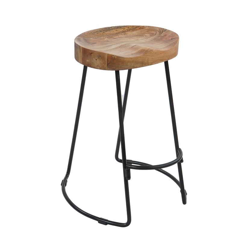24 Inch Handcrafted Backless Barstool-Brown Mango Wood Thick SaddleSeat