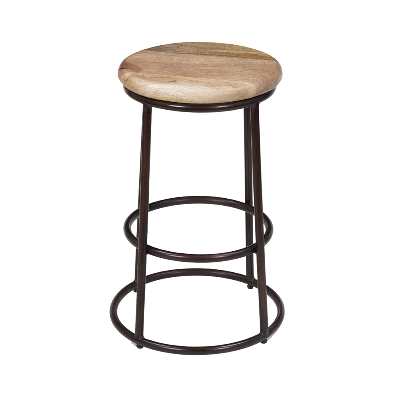 24 Inch Mango Wood Counter Height Barstool With Iron Base- Brown And Black
