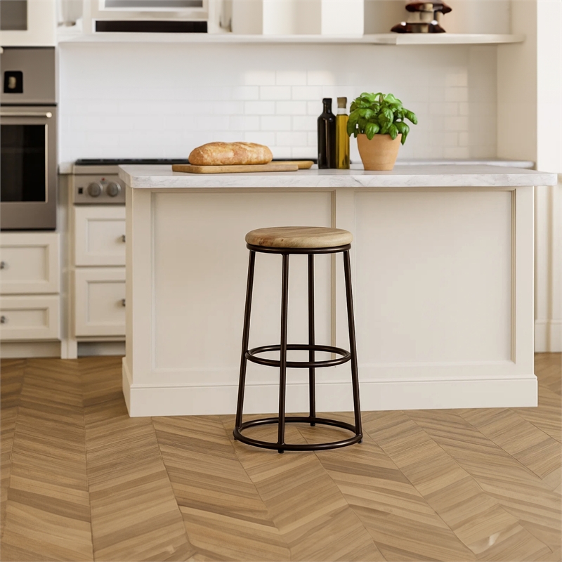 24 Inch Mango Wood Counter Height Barstool With Iron Base- Brown And Black
