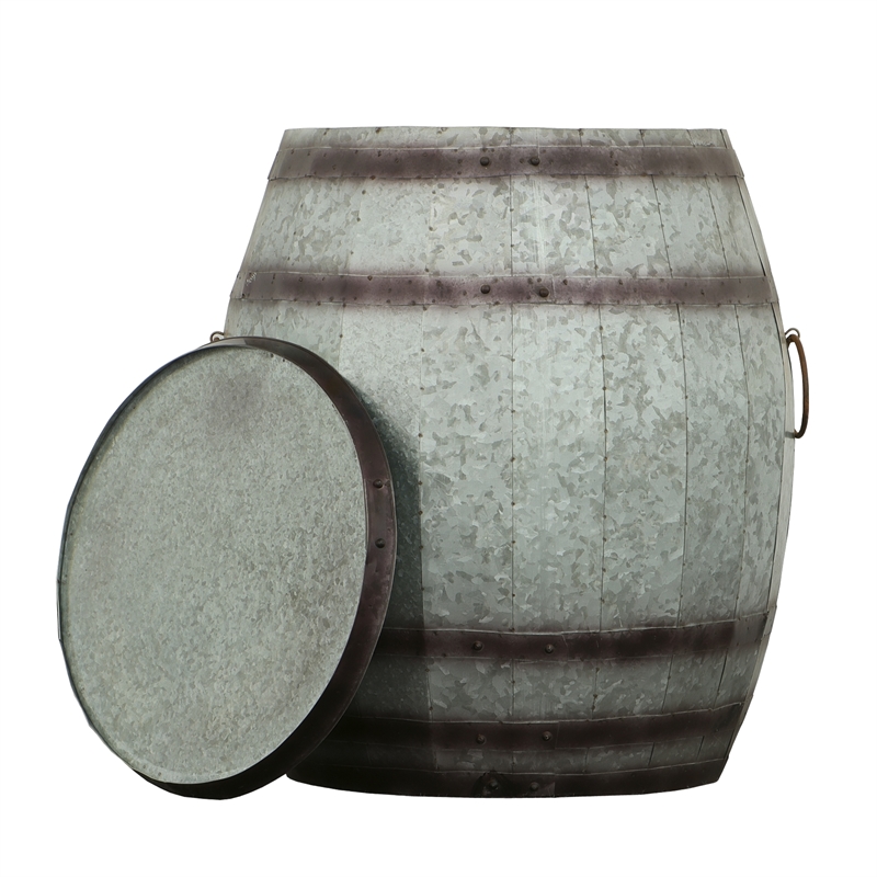 Barrel Drum Shape Storage Table with Removable Lid- Rustic Brown and Gray Metal