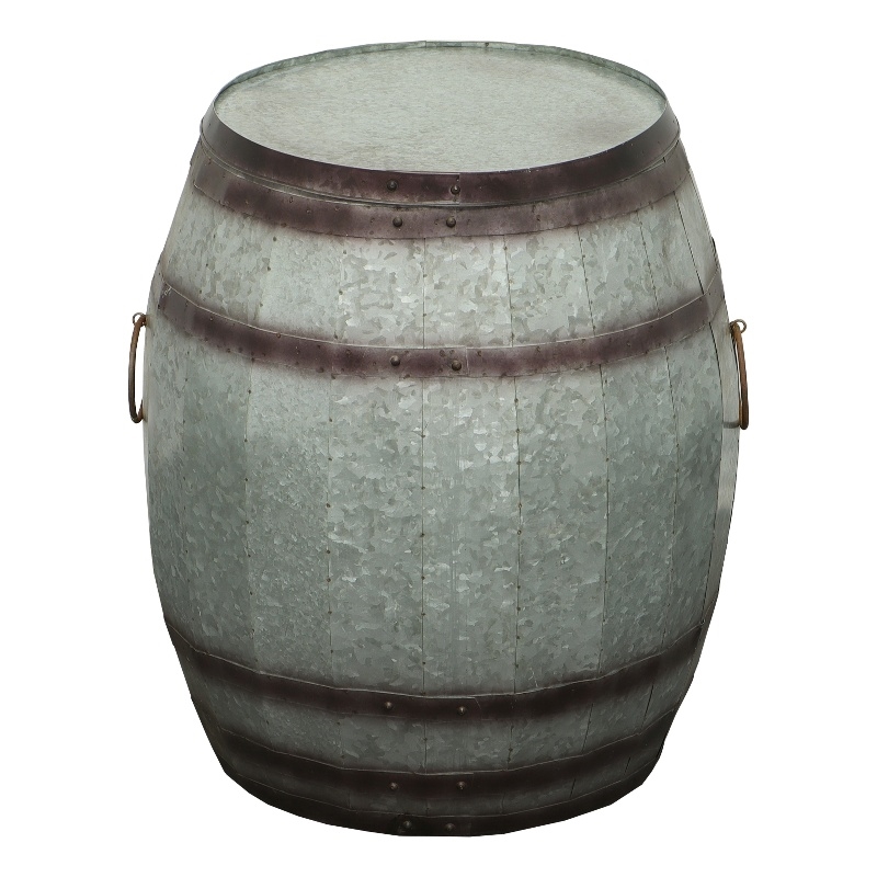 Barrel Drum Shape Storage Table with Removable Lid- Rustic Brown and Gray Metal
