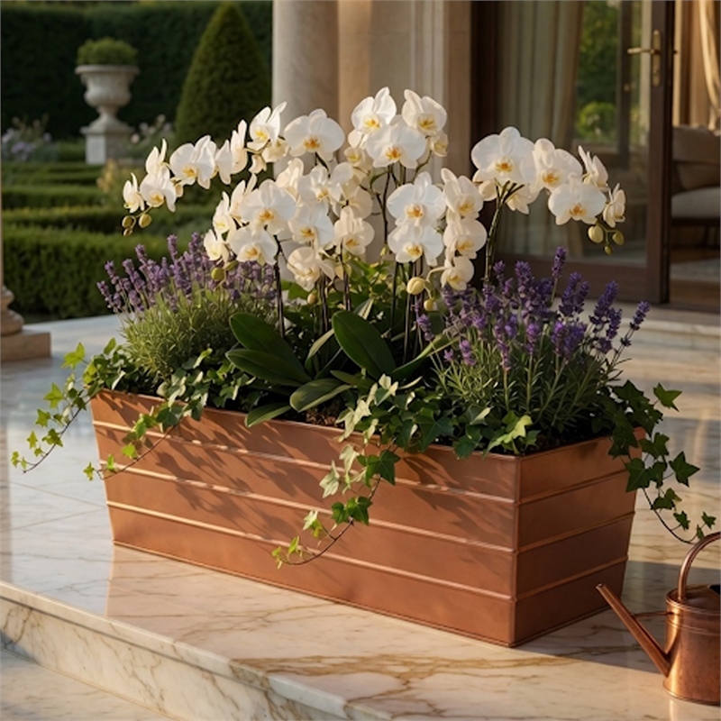 Rectangular Metal Flower Planter Box with Embossed Line Design-Large-Copper