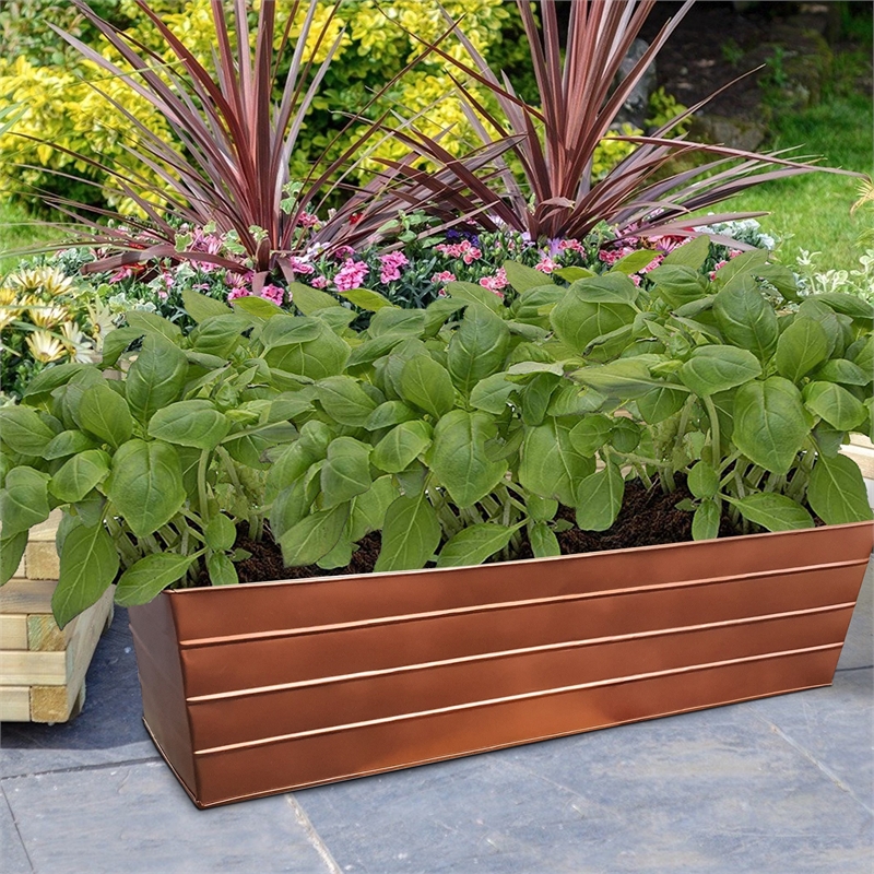 Rectangular Metal Flower Planter Box with Embossed Line Design-Large-Copper