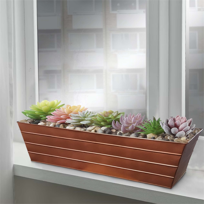 Rectangular Metal Flower Planter Box with Embossed Line Design-Large-Copper