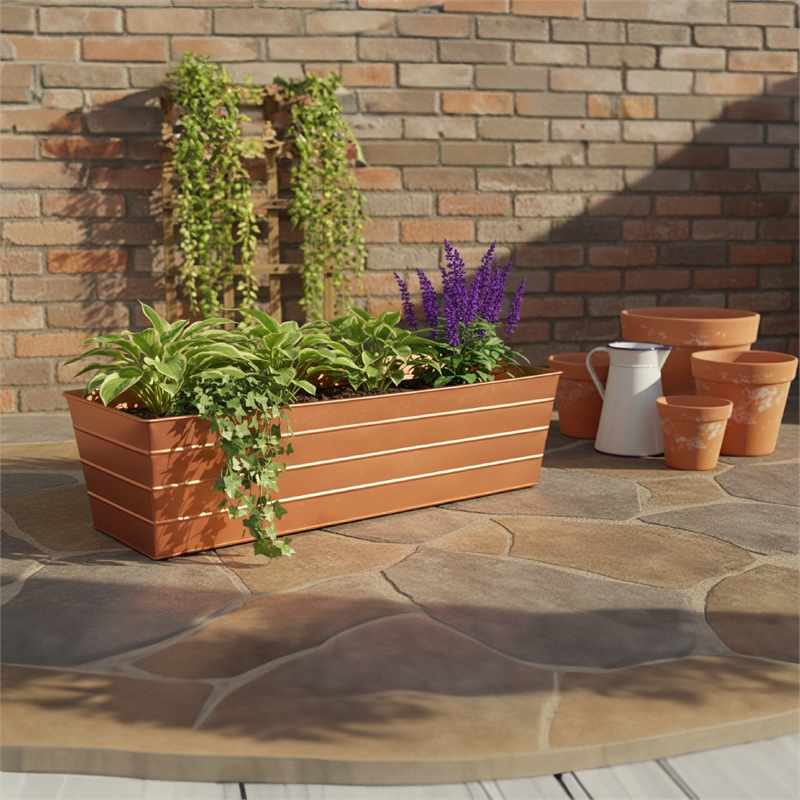 Rectangular Metal Flower Planter Box with Embossed Line Design-Large-Copper