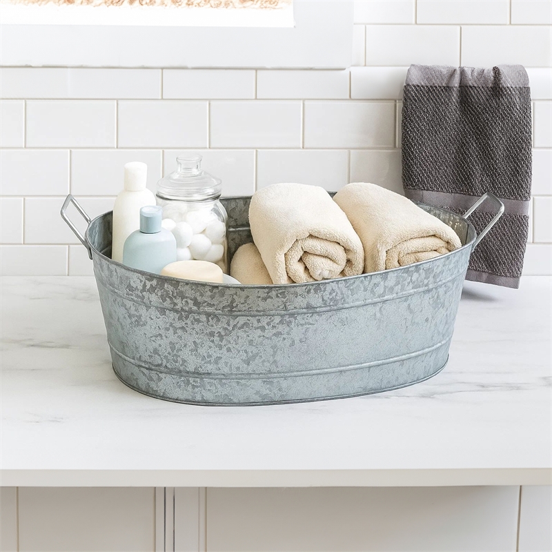 Thea Embossed Design Oval Shape Galvanized Steel Tub with Side Handles- Large