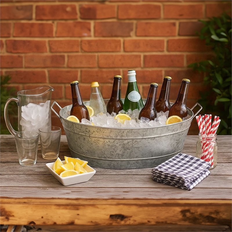 Thea Embossed Design Oval Shape Galvanized Steel Tub with Side Handles- Large
